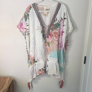 Boho Floral Pom-Pom Trim V-Neck Tunic